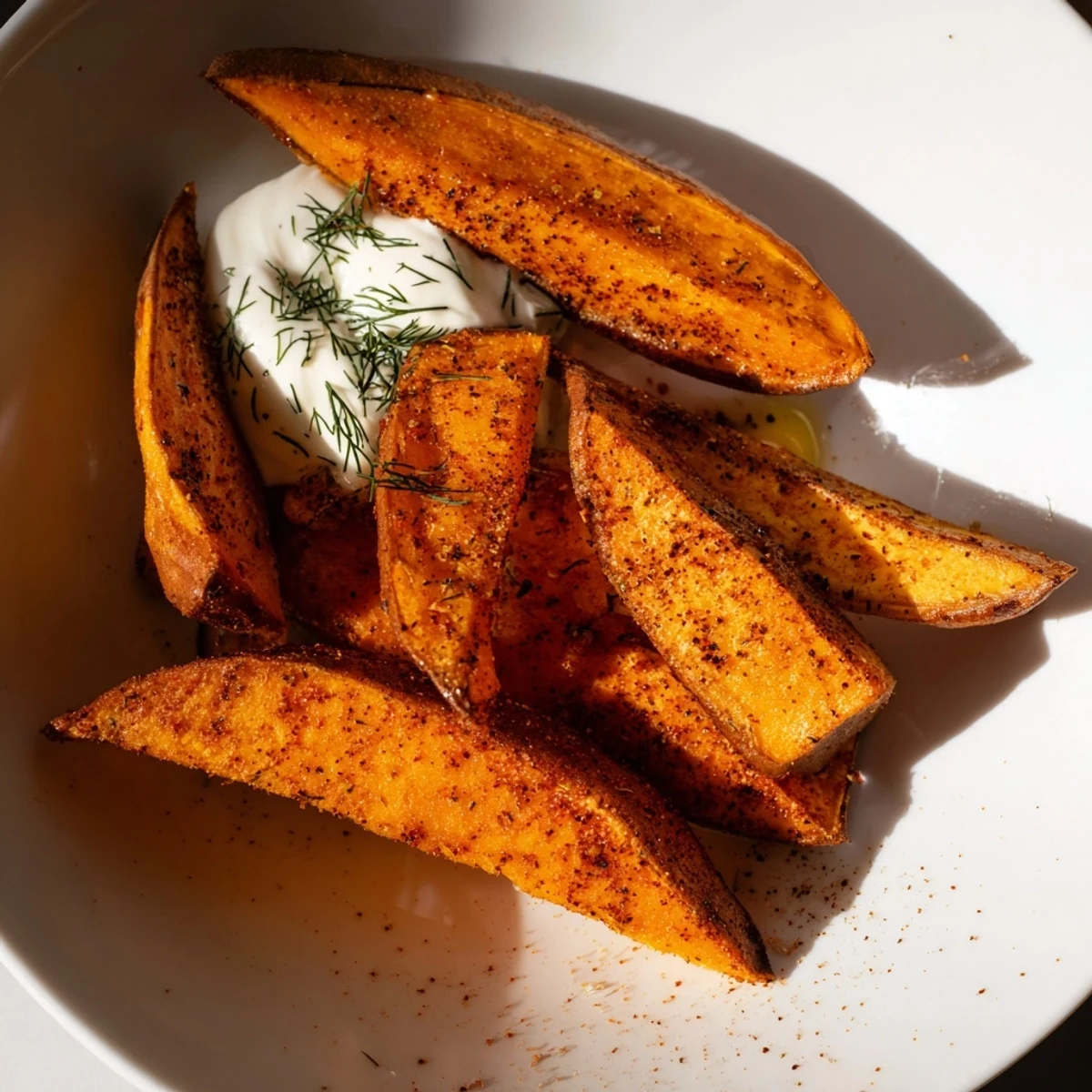 Close-up of delicious roasted sweet potato wedges, ready to be dipped and enjoyed.