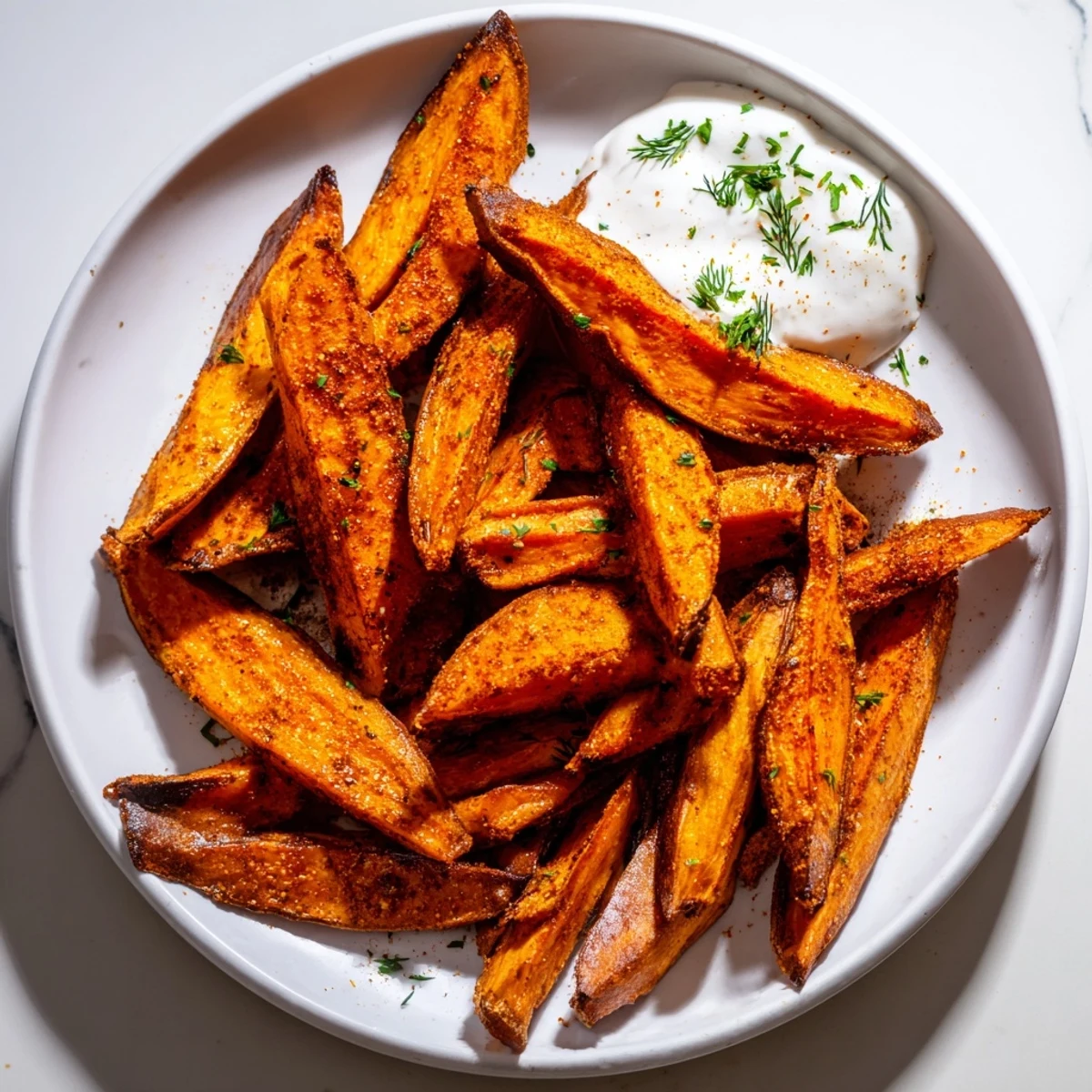 Warm and savory roasted sweet potato wedges alongside a cool, herbed yogurt dipping sauce.