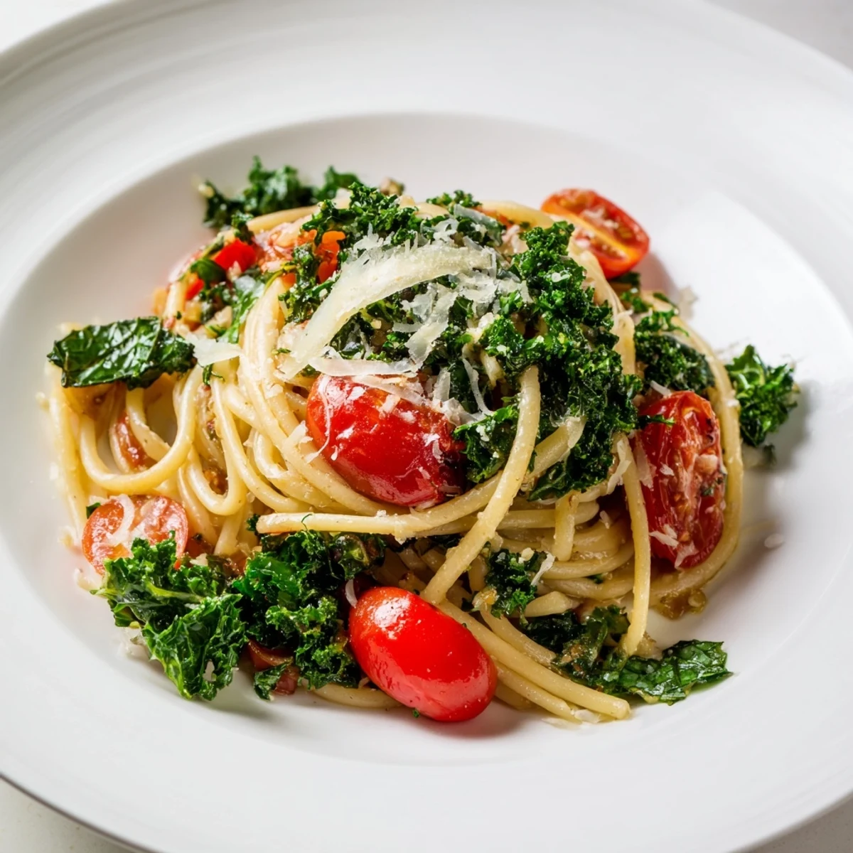 A delicious serving of one-pot spaghetti with kale and tomatoes, showing vibrant colors and fresh herbs.