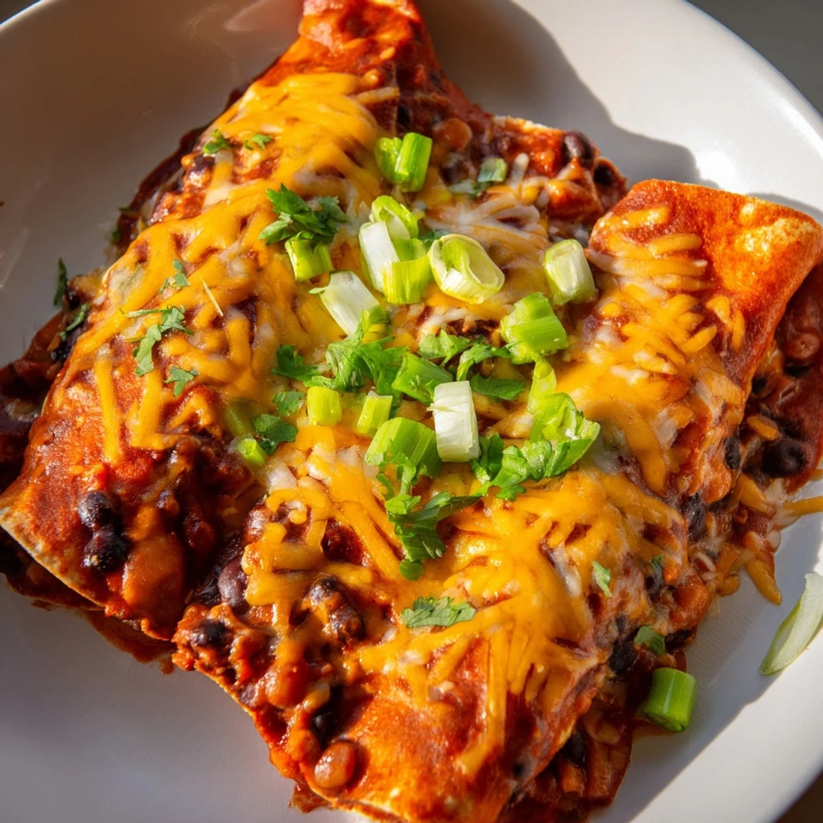 Steaming hot Cheesy Bean Enchiladas with bubbly, golden cheese, perfect for a cozy weeknight meal.
