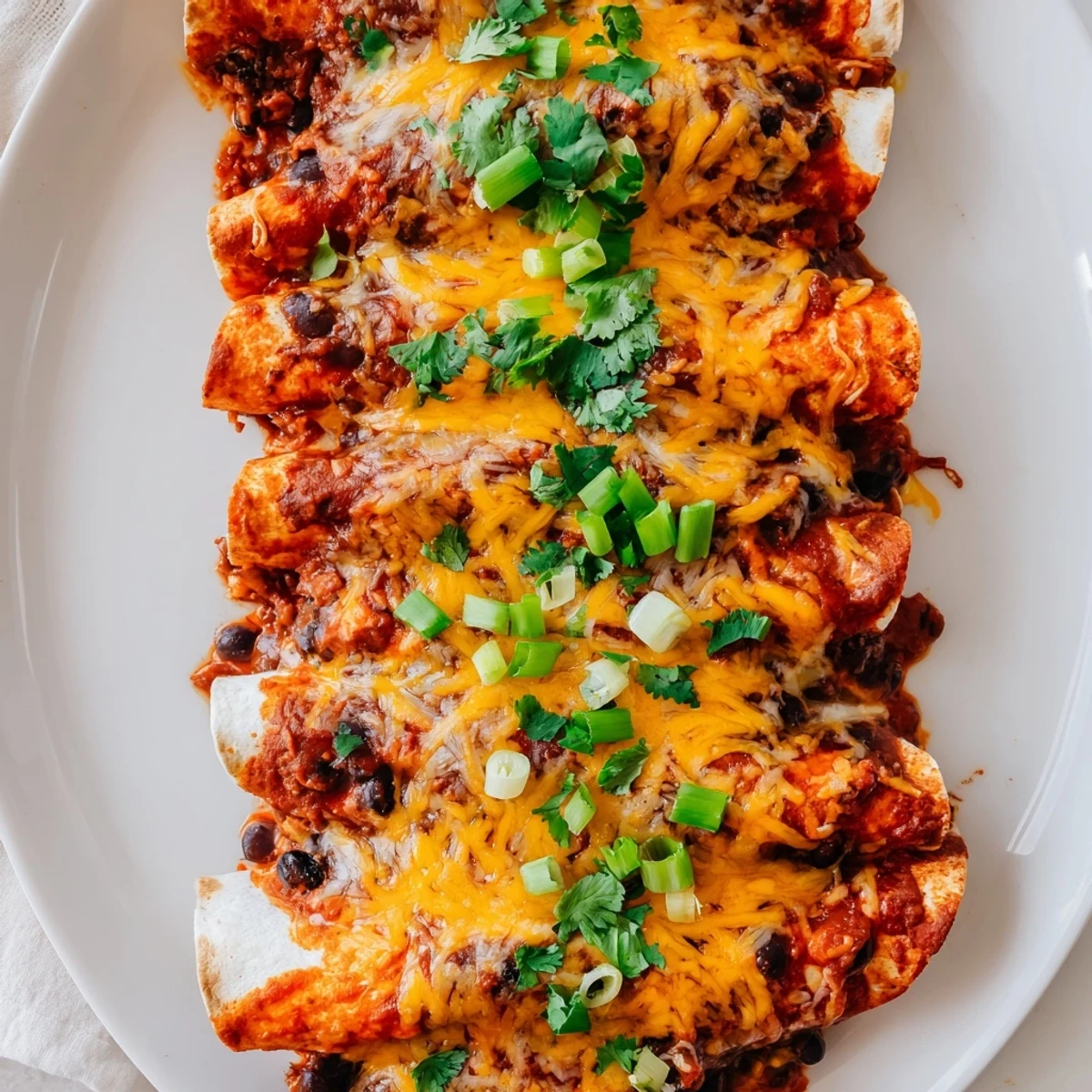 Delicious, cheesy pull from these baked Cheesy Bean Enchiladas, topped with fresh cilantro for serving.