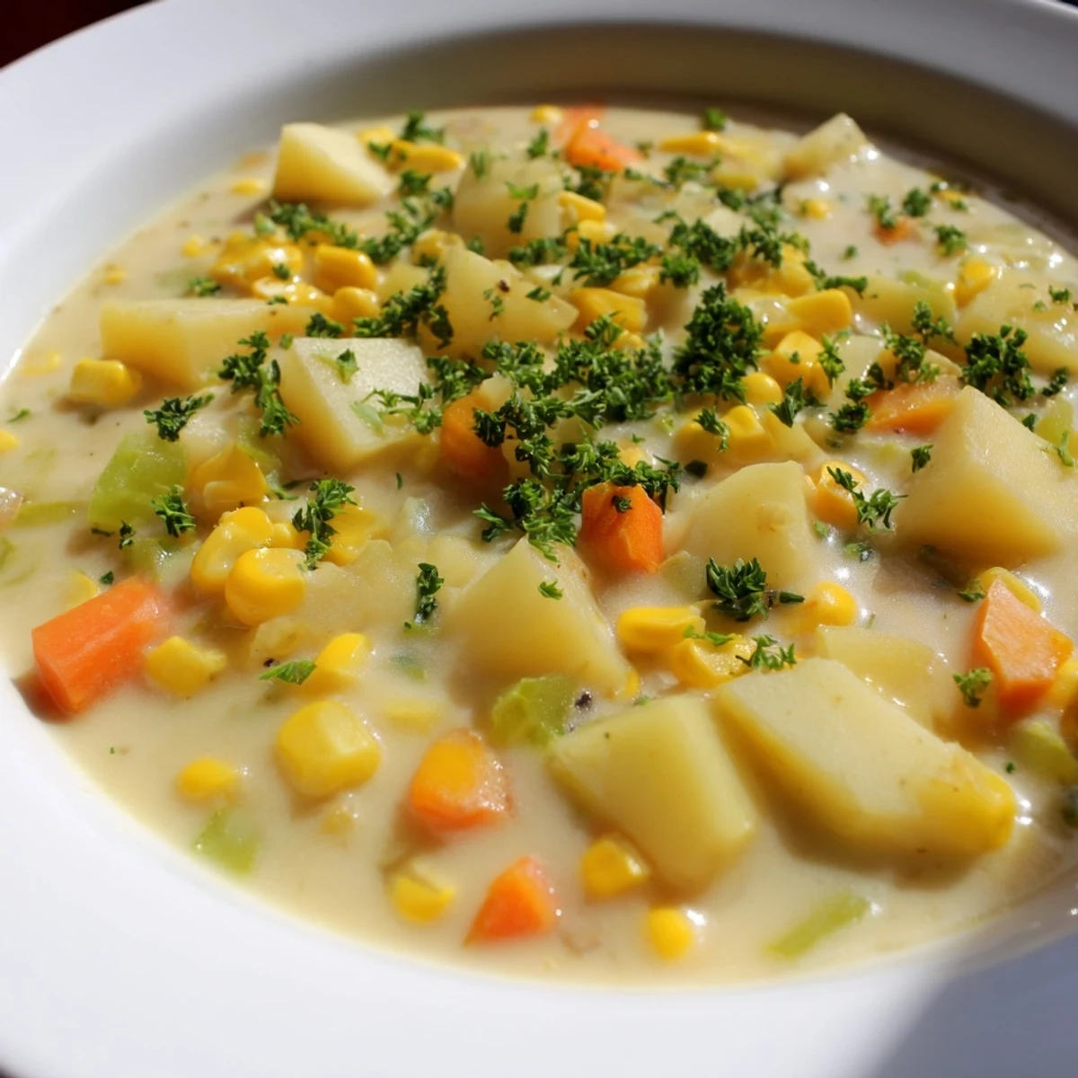 Creamy, golden Corn & Potato Chowder featuring a rich, flavorful broth filled with vegetables.