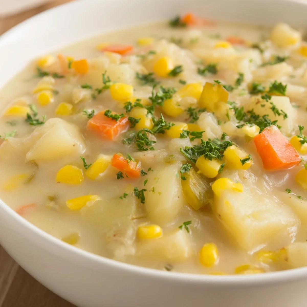 Steaming bowl of Corn & Potato Chowder, garnished with fresh herbs, ready to be enjoyed.