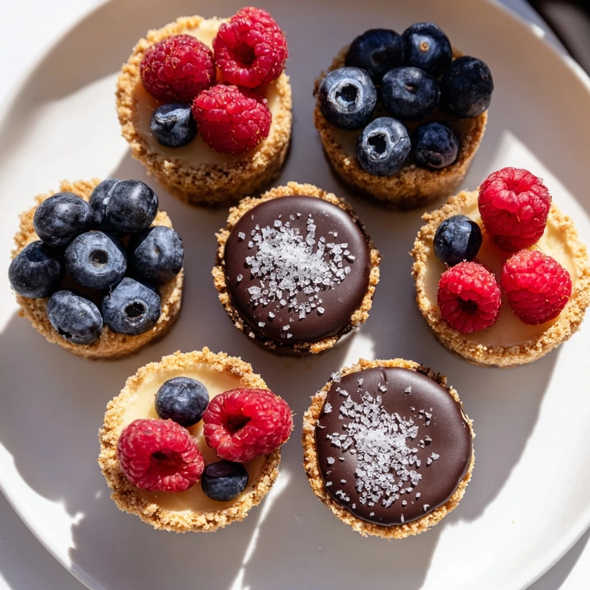 Vibrant photo of a Mini Dessert Bites Trio, featuring lemon curd tarts and berry-topped cheesecakes.