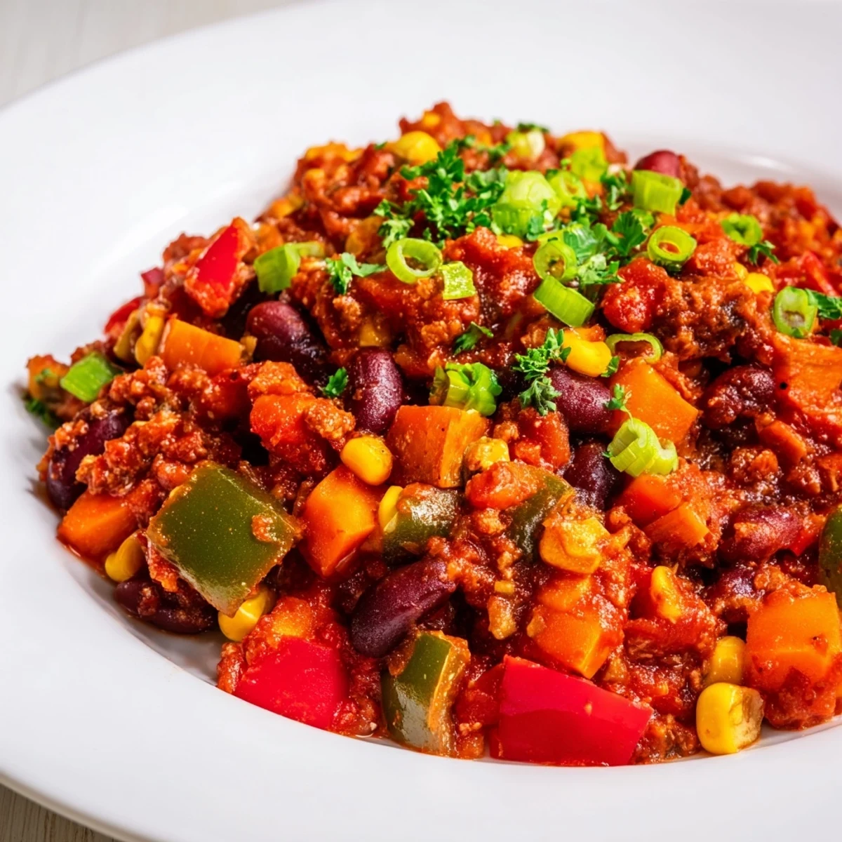 Steaming bowl of veggie chili, filled with colorful vegetables, ready to be enjoyed.
