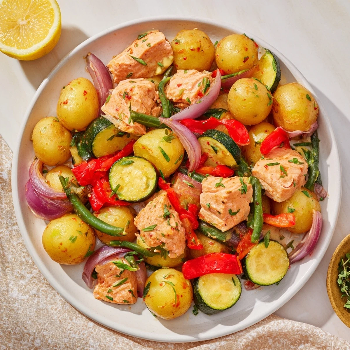 Golden, tender Salmon & Potato Skillet with vibrant veggies, a healthy, flavorful one-pan meal.