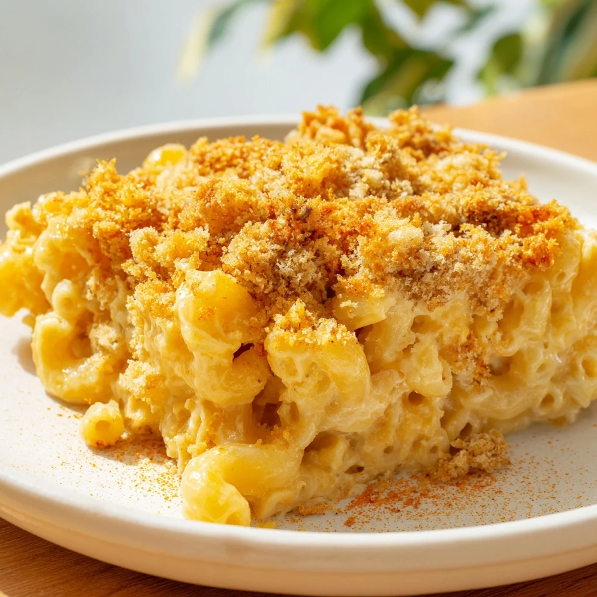 A close-up of creamy Baked Macaroni and Cheese, showing a layer of golden-brown, toasted crumbs.