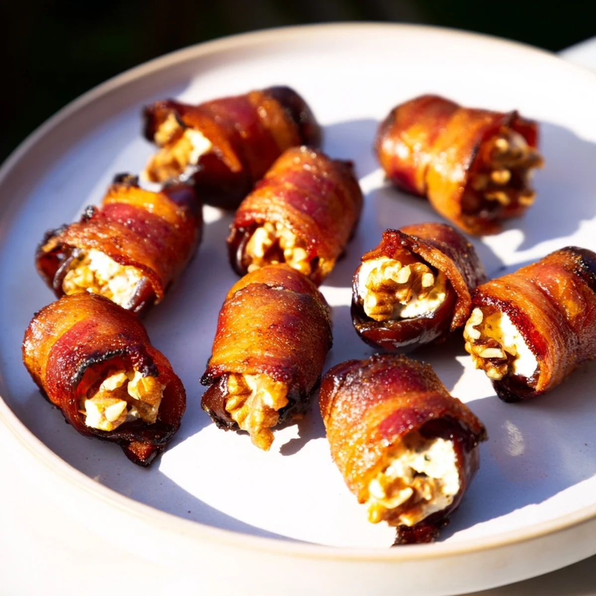 Golden-brown bacon-wrapped dates stuffed with creamy cheese and nuts, a delectable appetizer.