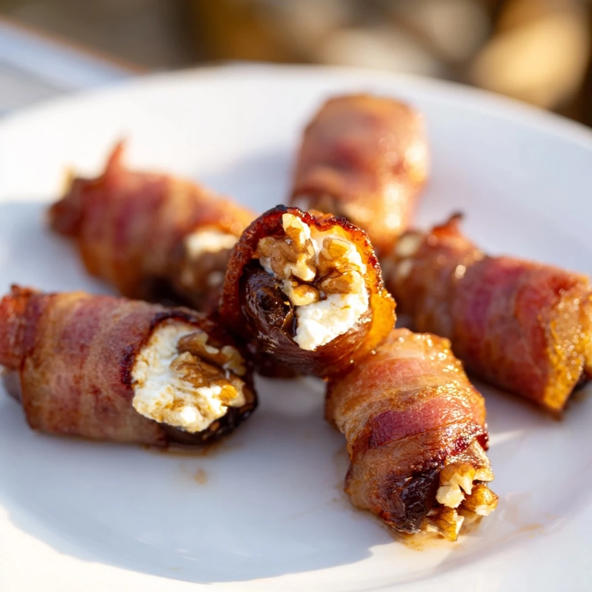 A close-up of crispy bacon surrounding dates with cheese and walnuts; the ideal party snack.