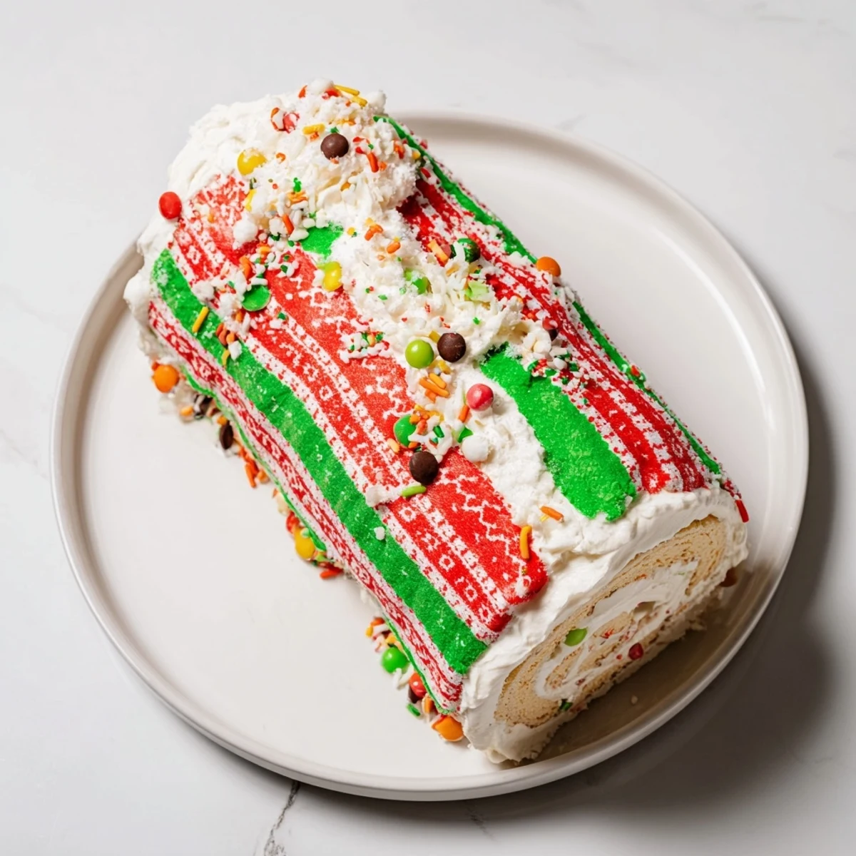 Vibrant Ugly Sweater Cake Roll with colorful frosting and festive holiday sprinkles, ready to serve.
