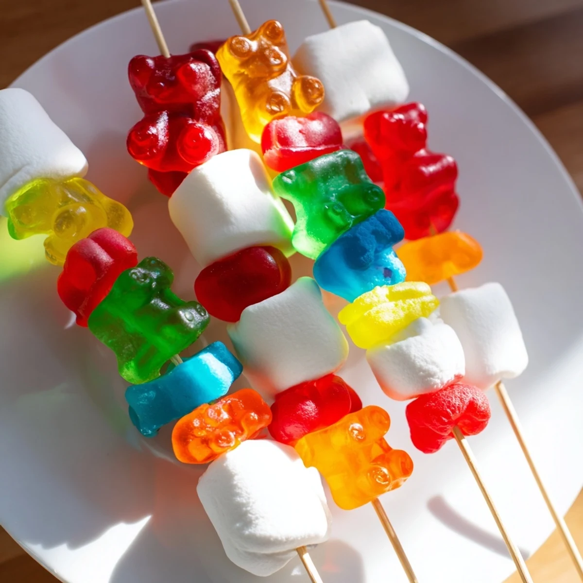 Vibrant gummy candy kabobs, skewered with colorful gummy bears and worms, ready to be enjoyed.