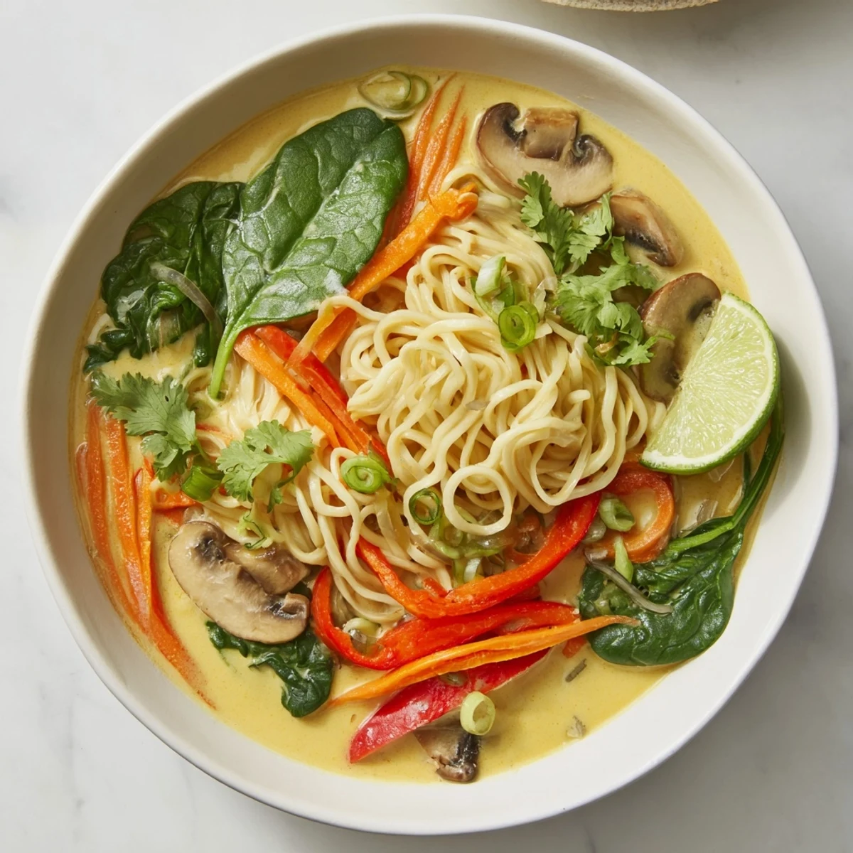 Steaming hot bowl of Curry Coconut Ramen, ready to eat, garnished with fresh cilantro and limes.