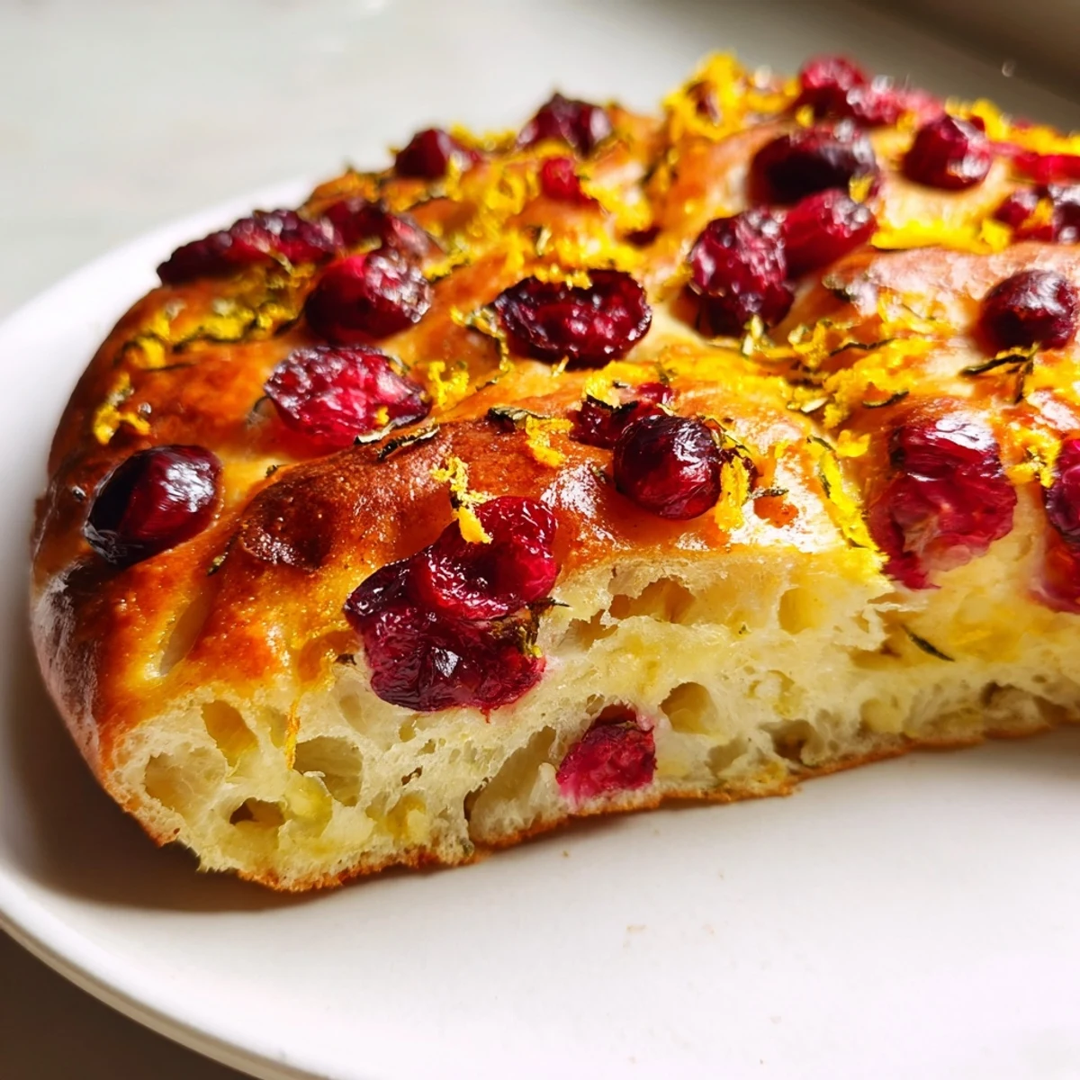 This gorgeous, bubbly Cranberry Orange No-Knead Focaccia displays a satisfyingly crisp crust filled with flavor.