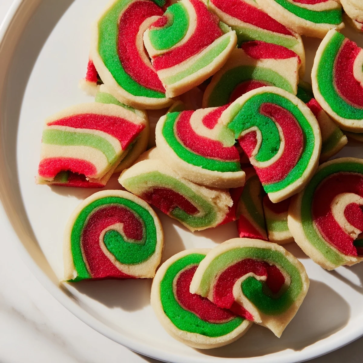 Swirling red and green Holiday Pinwheel Cookies, ready to be sliced, perfect for Christmas treats.