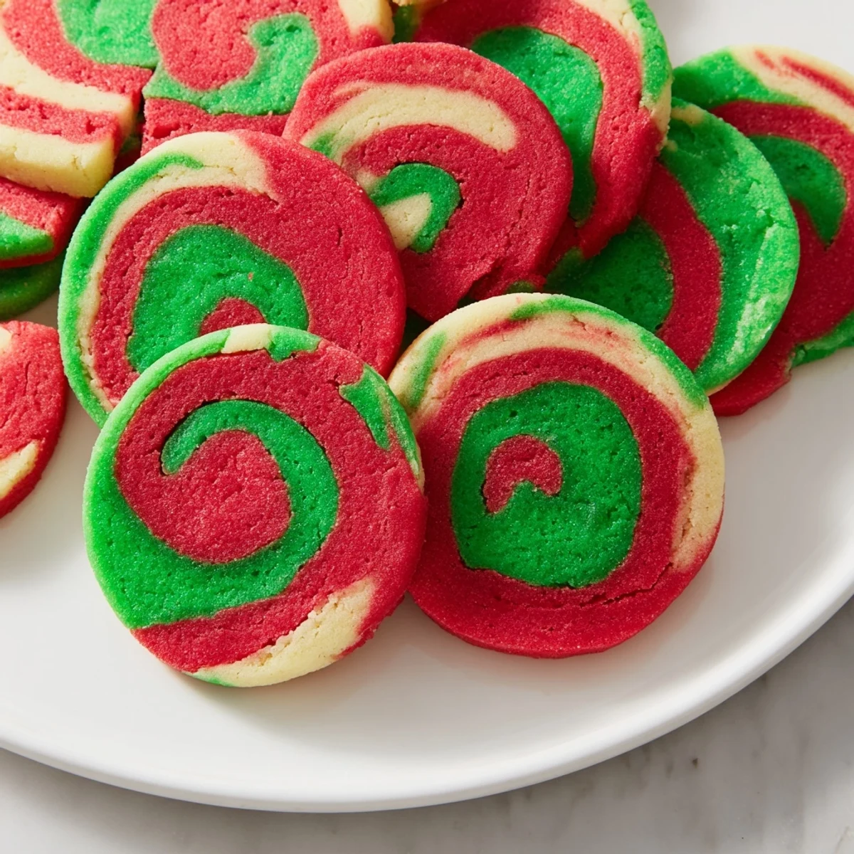 Close up of freshly baked Holiday Pinwheel Cookies, showing vibrant colors and delightful cookie texture.
