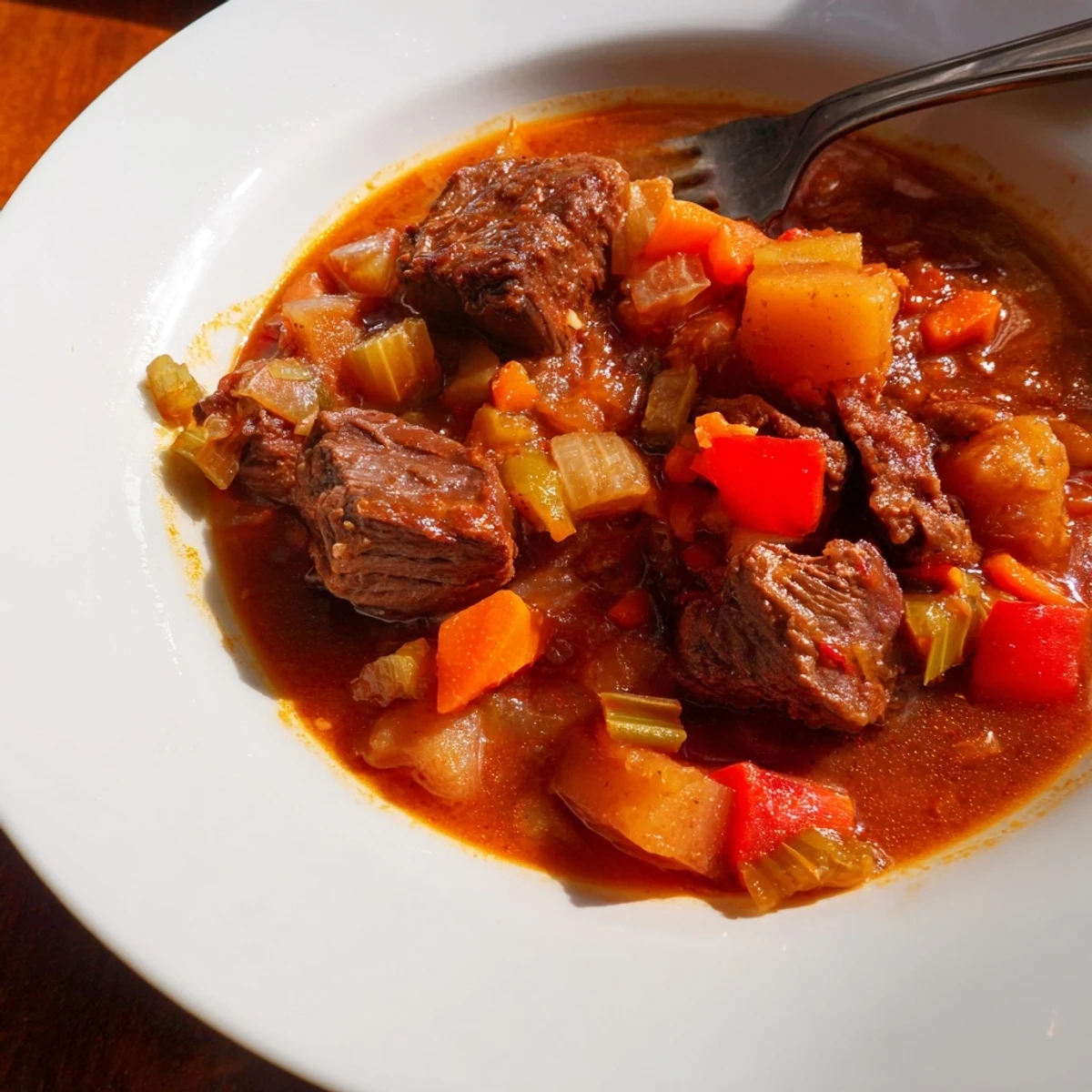 This comforting Smoked Paprika & Garlic Beef Stew is shown in a Dutch oven, ready to serve.