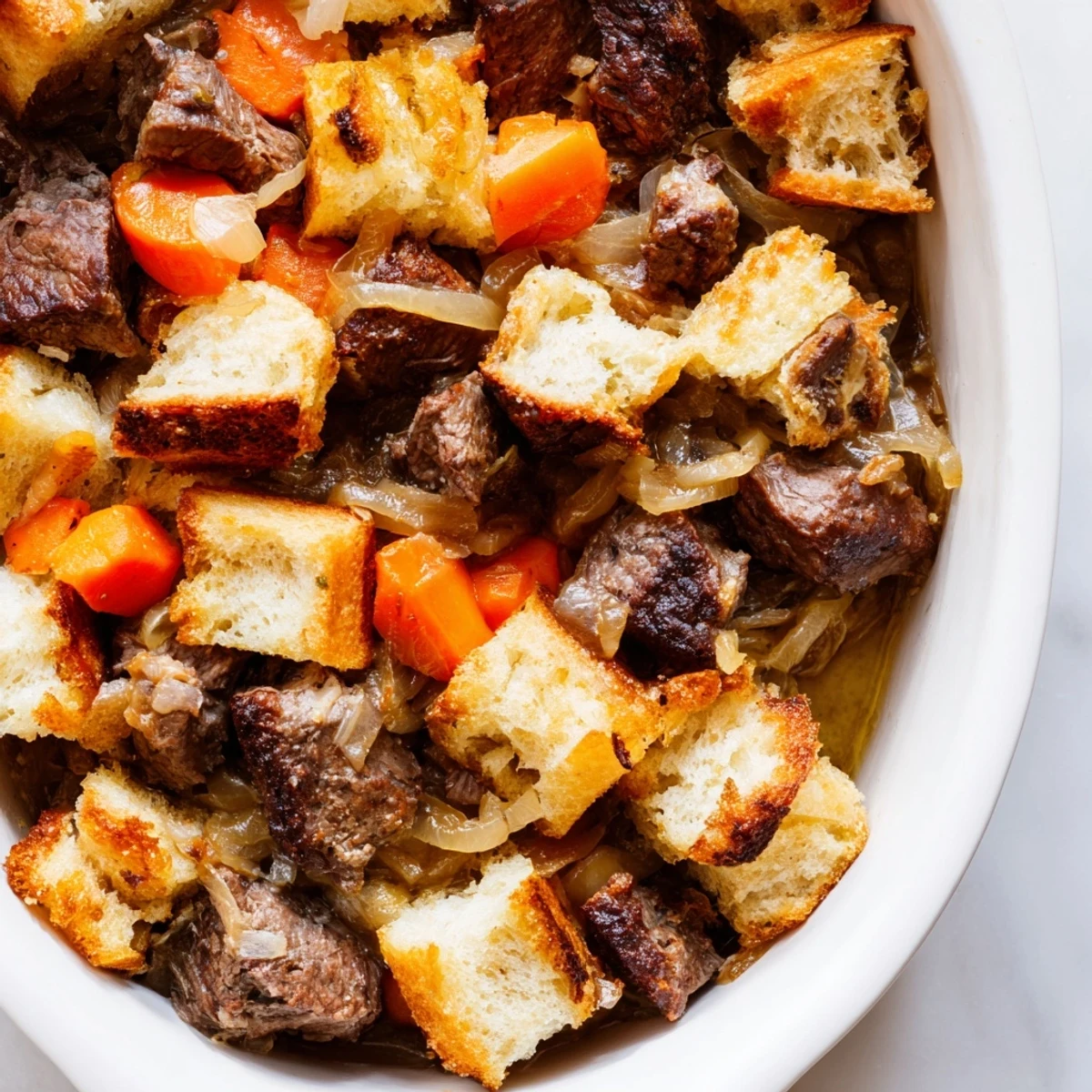 French Onion Pot Roast Casserole bubbling with melted cheese and crispy bread topping, a hearty family meal.