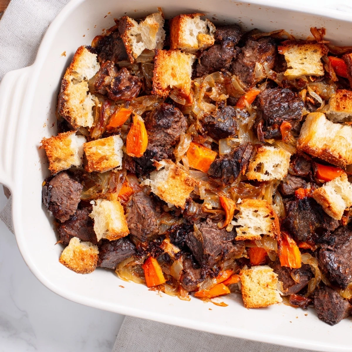 Golden brown French Onion Pot Roast Casserole, a cozy fusion of flavors ready for serving with a salad.