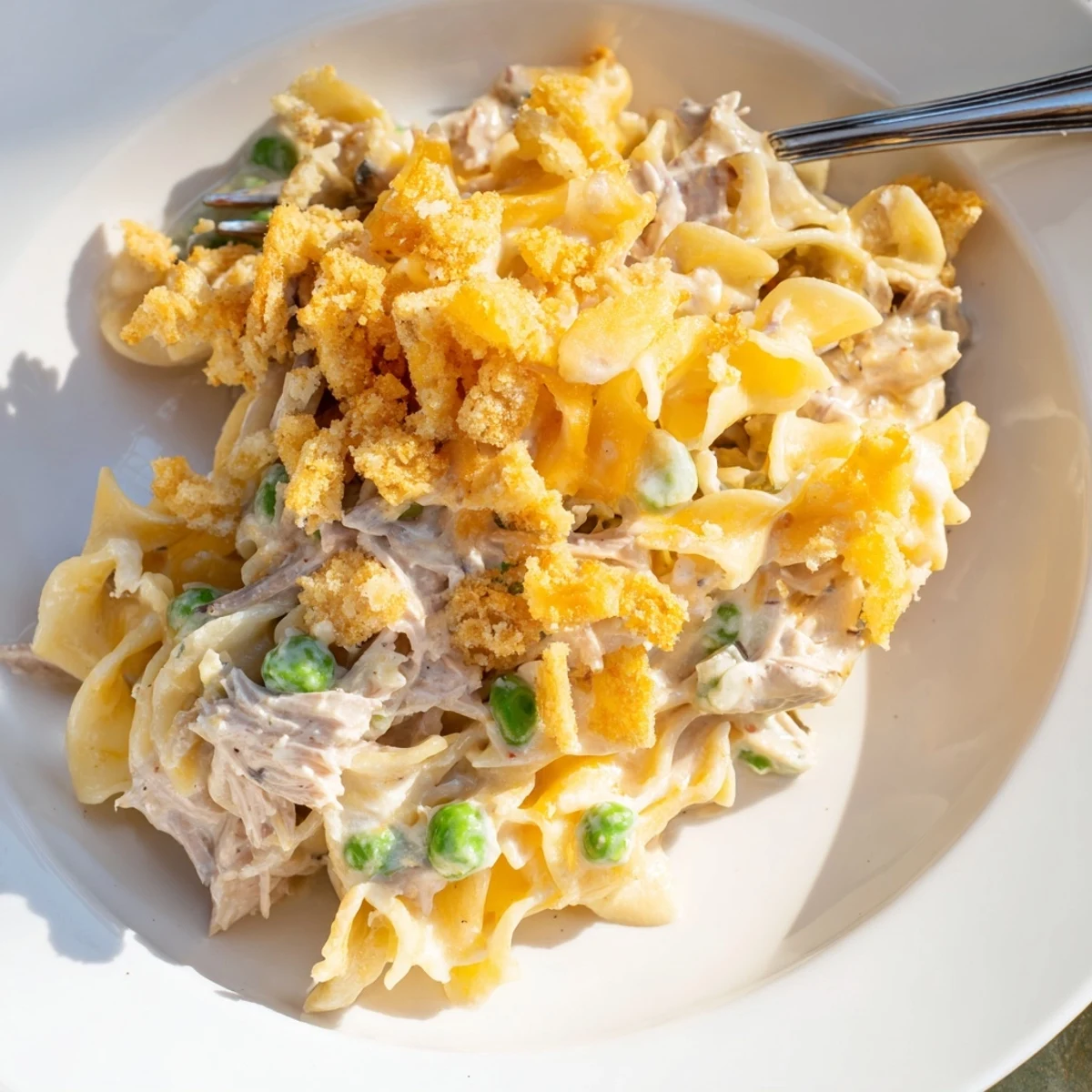 A close-up of cheesy Creamy Tuna Noodle Casserole, a family favorite with tender noodles and tuna.