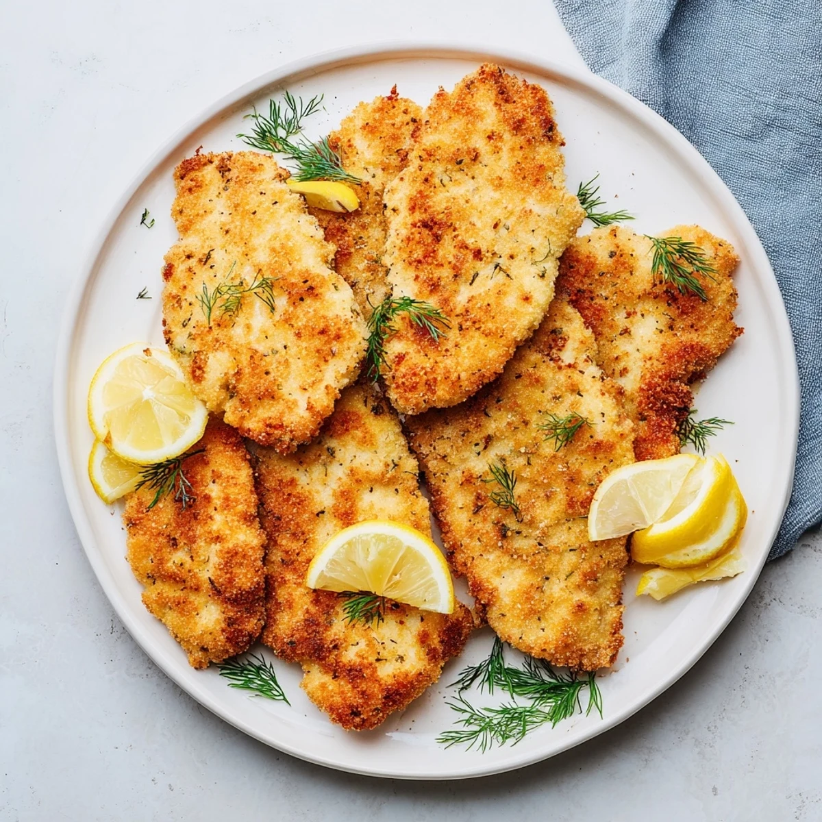 A close-up of beautifully fried, golden pickle-brined chicken cutlets, a flavorful and simple dish.