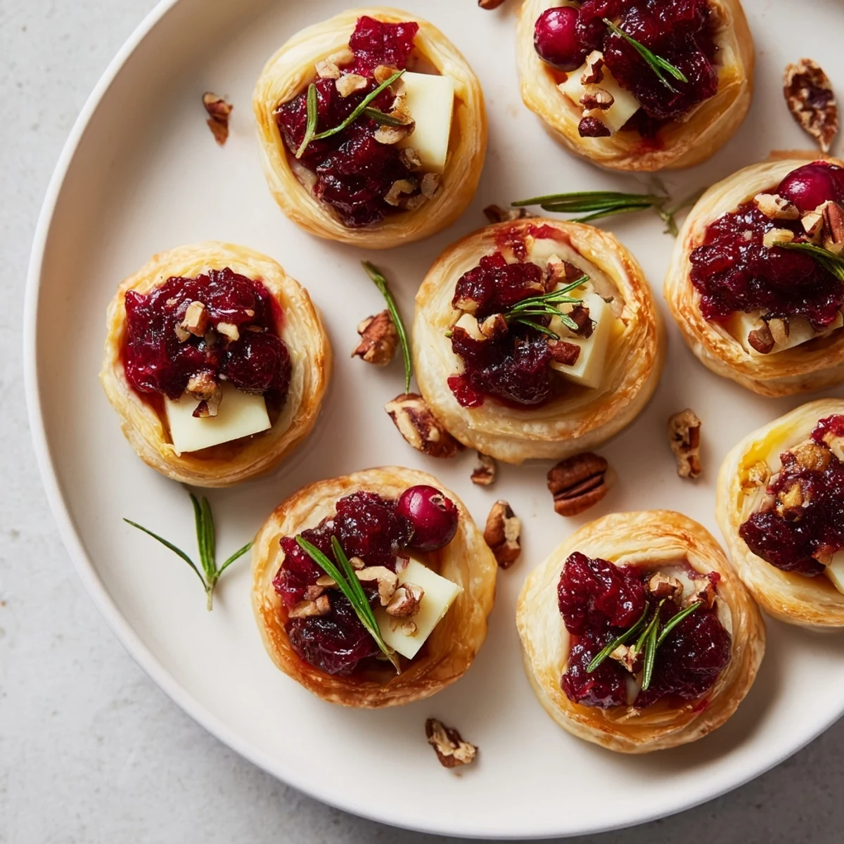 Melting Brie and sweet cranberry atop puff pastry, creating delicious Cranberry Brie Bites for a party.