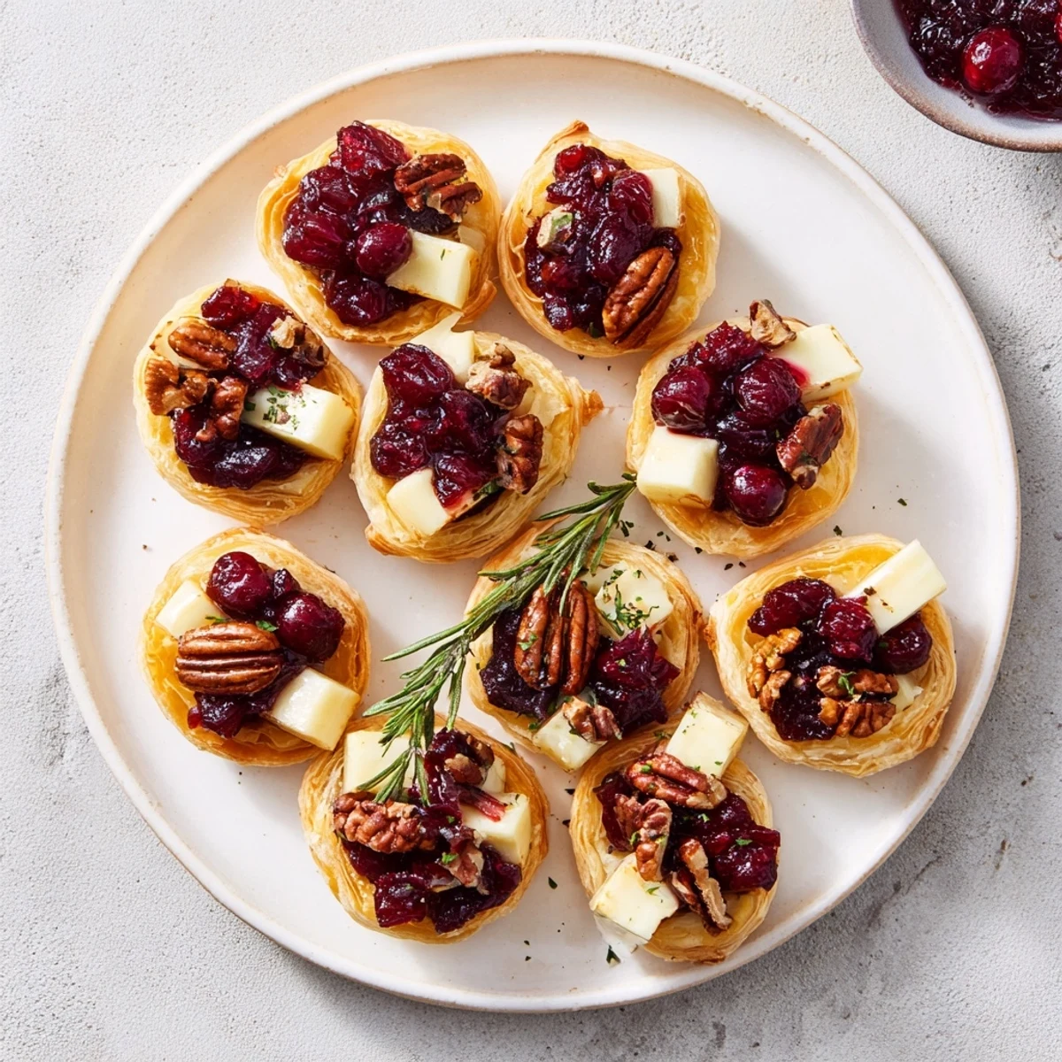 Close-up shot: a tray of savory Cranberry Brie Bites, showcasing the perfect pastry and melted cheese texture.