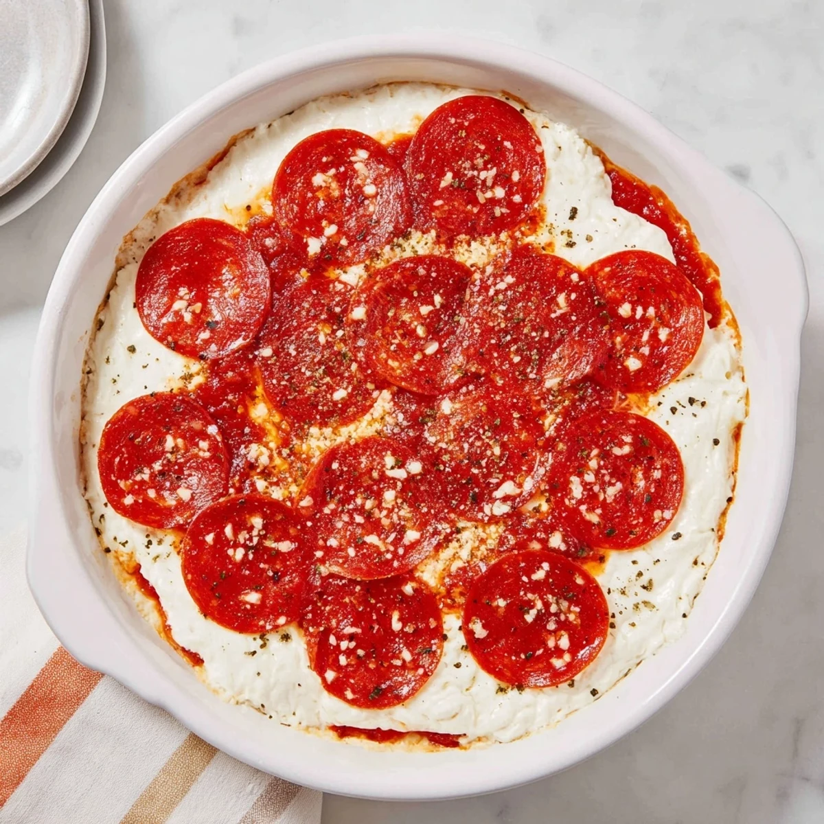 Warm, bubbling Pizza Dip, with melted cheese and crispy pepperoni, ready to scoop.