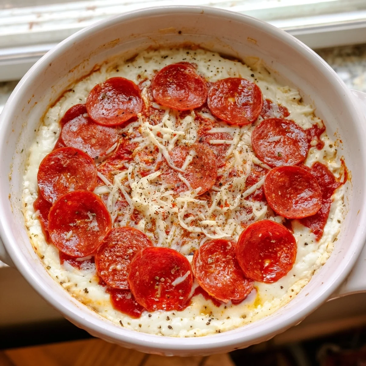 A close-up of cheesy Pizza Dip, featuring pepperoni baked to perfection and bubbling edges.