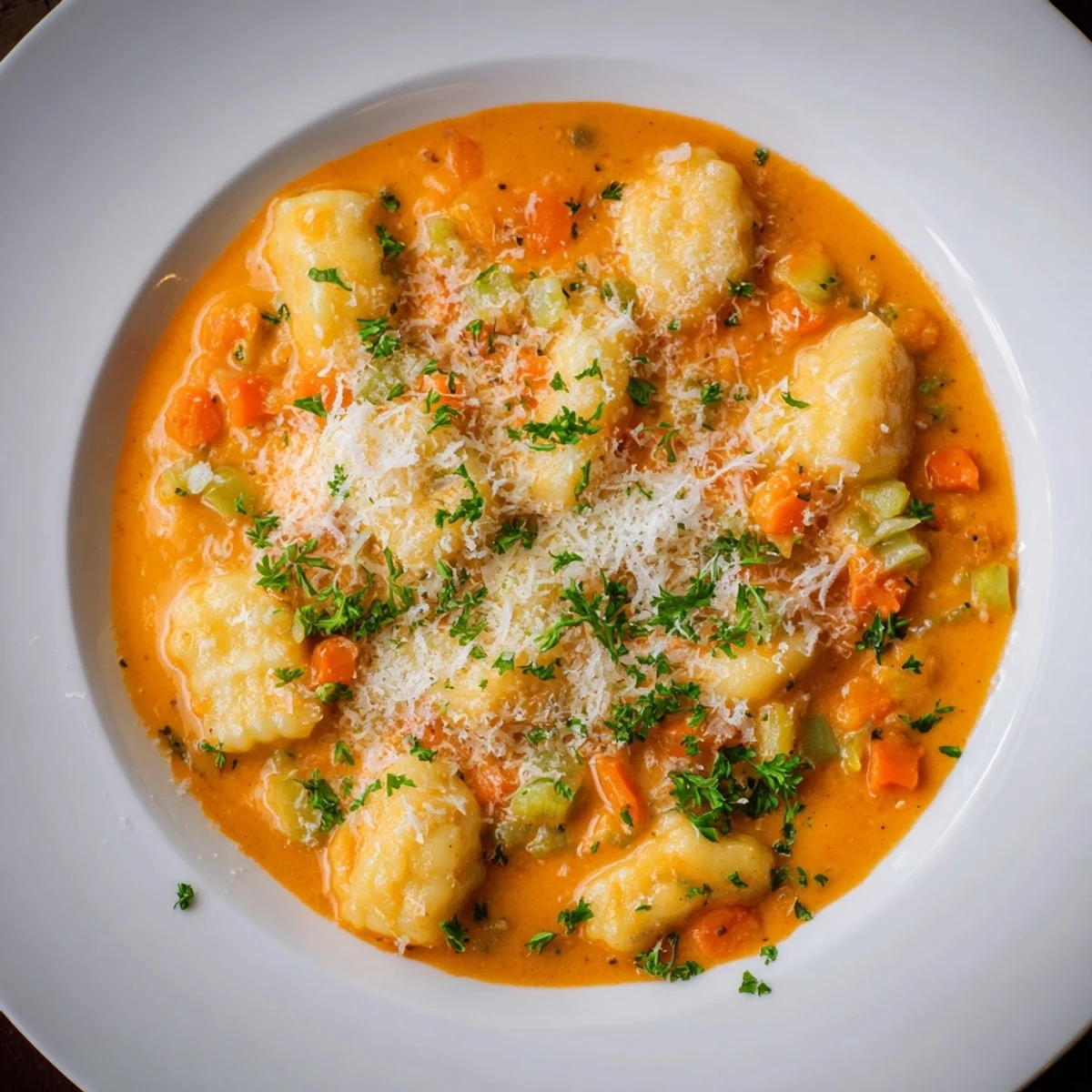 Steaming bowl of Savory Butternut Squash Gnocchi Soup, garnished with Parmesan and fresh parsley.