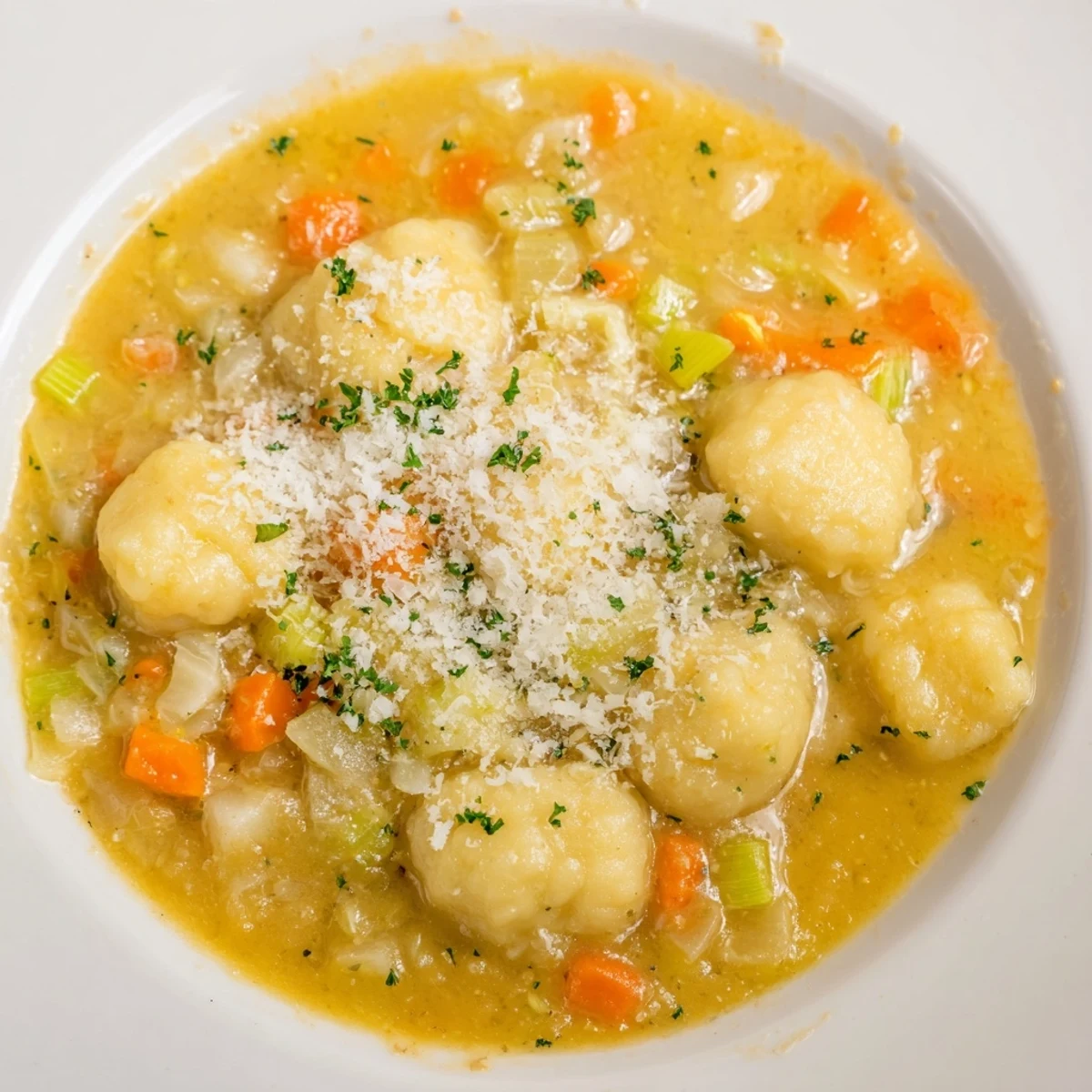 Cozy and vibrant, this shot shows creamy Savory Butternut Squash Gnocchi Soup with soft, floating gnocchi.