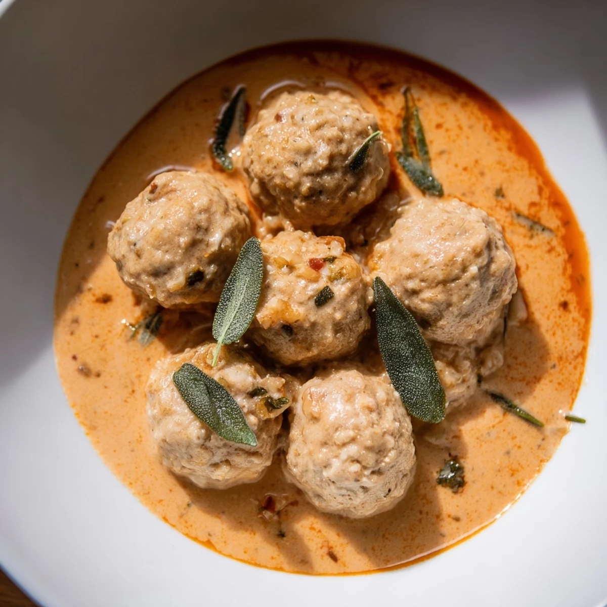 Dish of warm Turkey Meatballs with Pumpkin Sage Sauce, a comforting fall dinner, ready to eat.