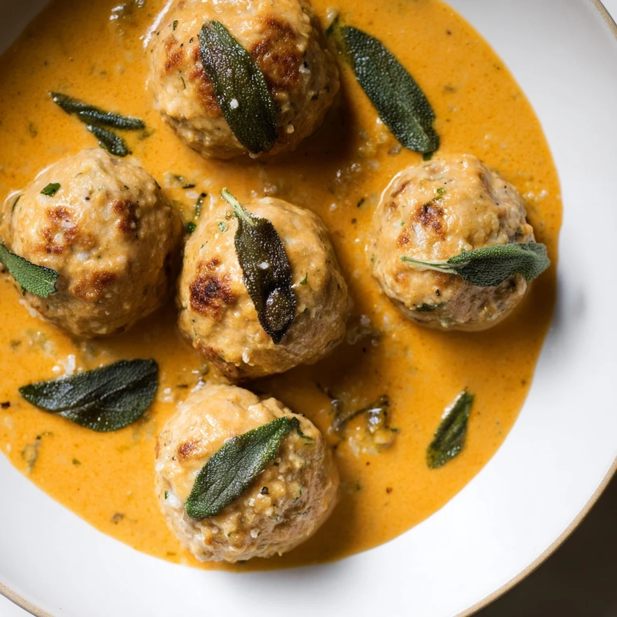 Close-up of a bowl of Turkey Meatballs with Pumpkin Sage Sauce with fresh sage garnish, sounds delicious!