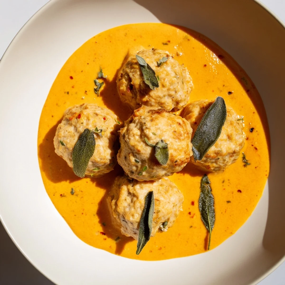 Creamy pumpkin sauce covers tender Turkey Meatballs with Pumpkin Sage Sauce served over pasta, a tasty meal.