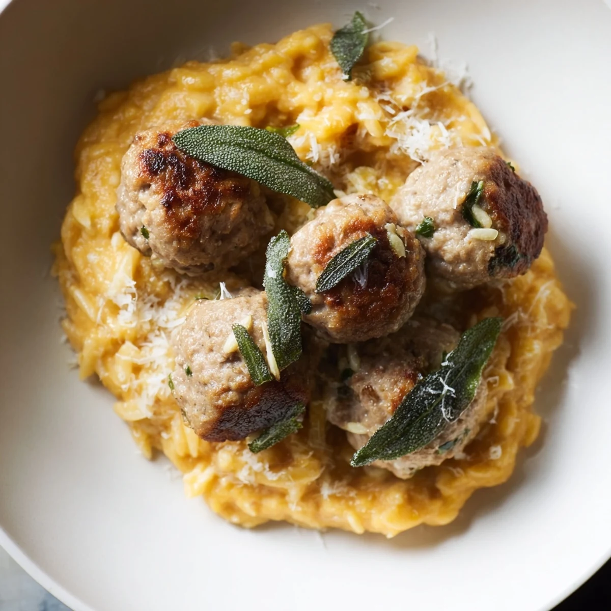 Savory sage turkey meatballs nestled in creamy pumpkin orzo, a comforting autumn meal ready to serve.