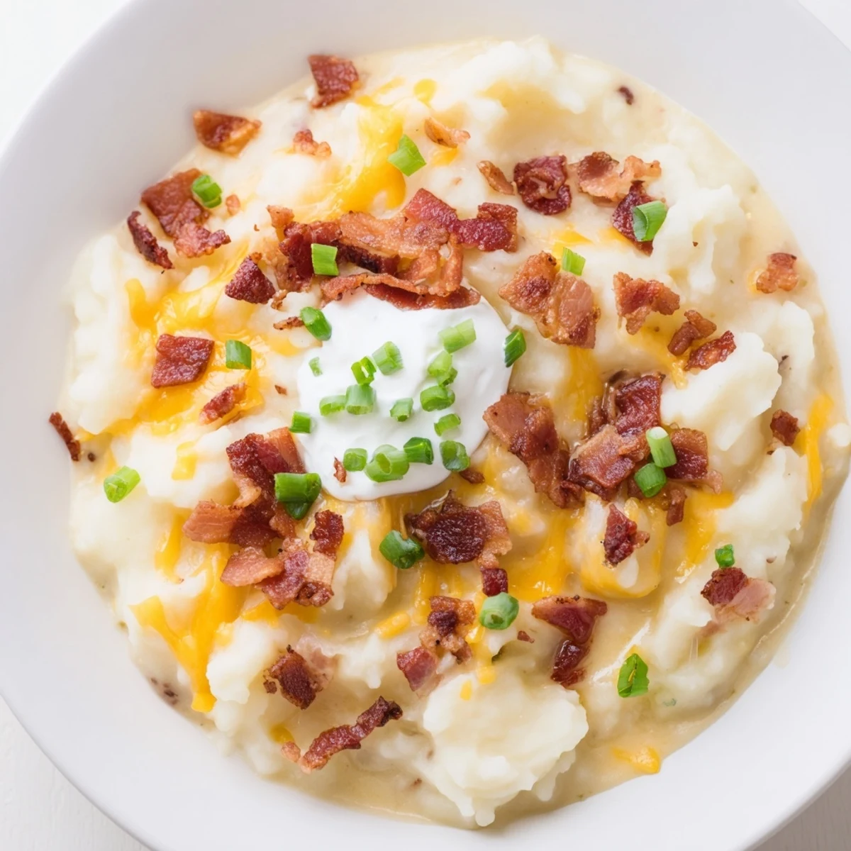 Steaming Crockpot loaded baked potato soup, easily made, topped with crispy bacon and fresh green onions.