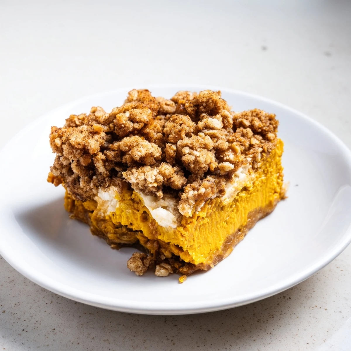 Warm pumpkin crisp with a generous crumble, perfect for fall, inviting you to enjoy this treat.