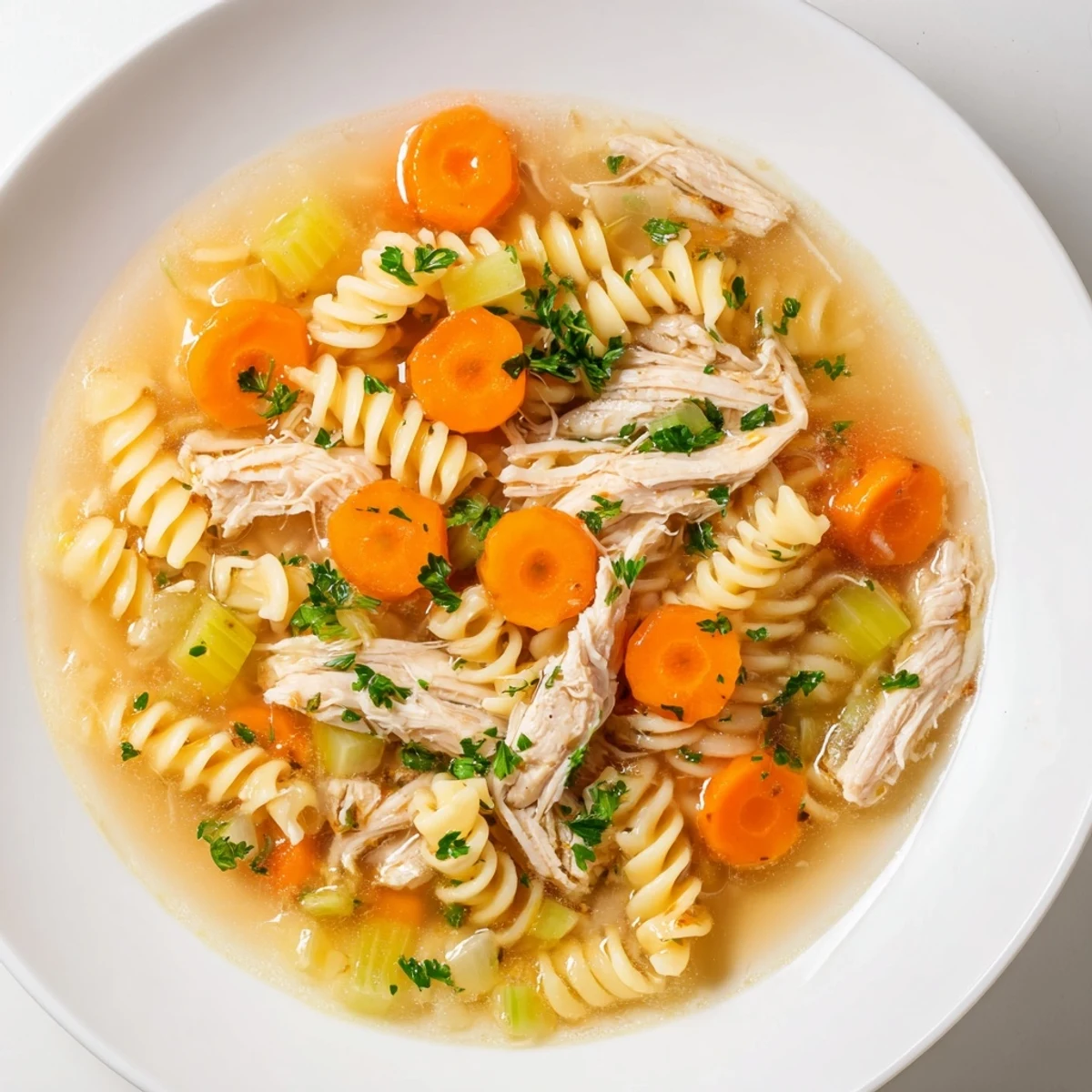 A steaming bowl of Crockpot Chicken Noodle Soup with tender chicken and noodles visible.