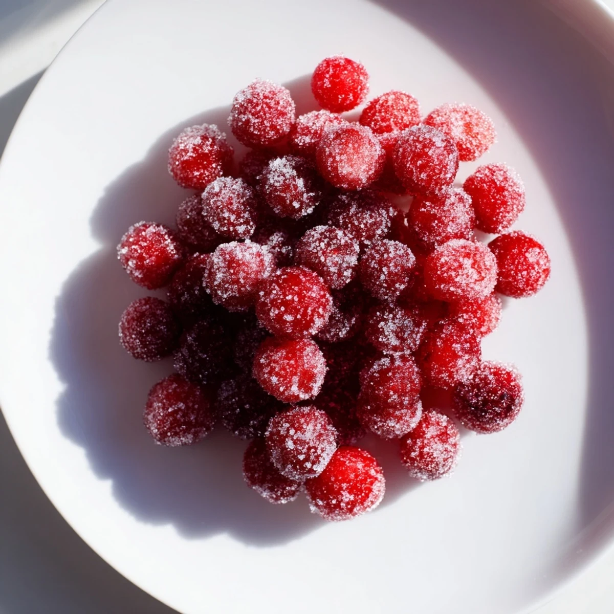 Close-up photo of glistening Vegan Candied Cranberry Garnish, sweet and ready to top a dessert.