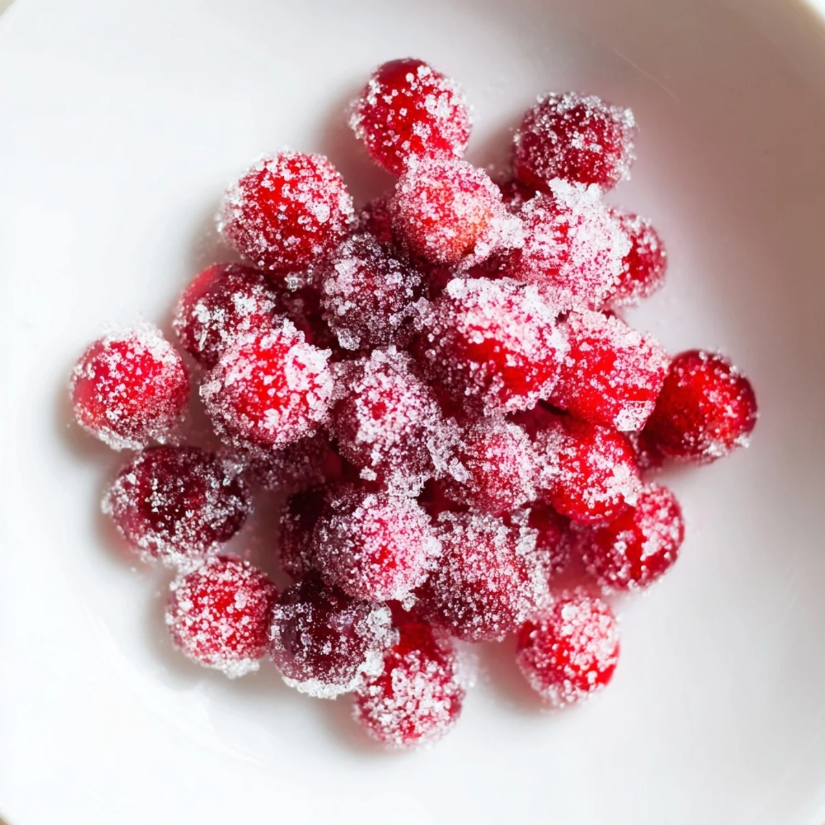 Shiny, sugared vegan candied cranberries, ruby-red and perfect for holiday or celebratory plates.