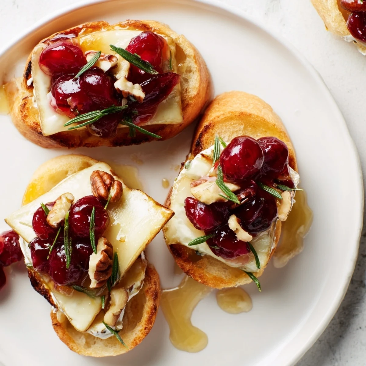Golden toasted Quick Cranberry Brie Crostini topped with melted Brie and vibrant cranberry sauce.