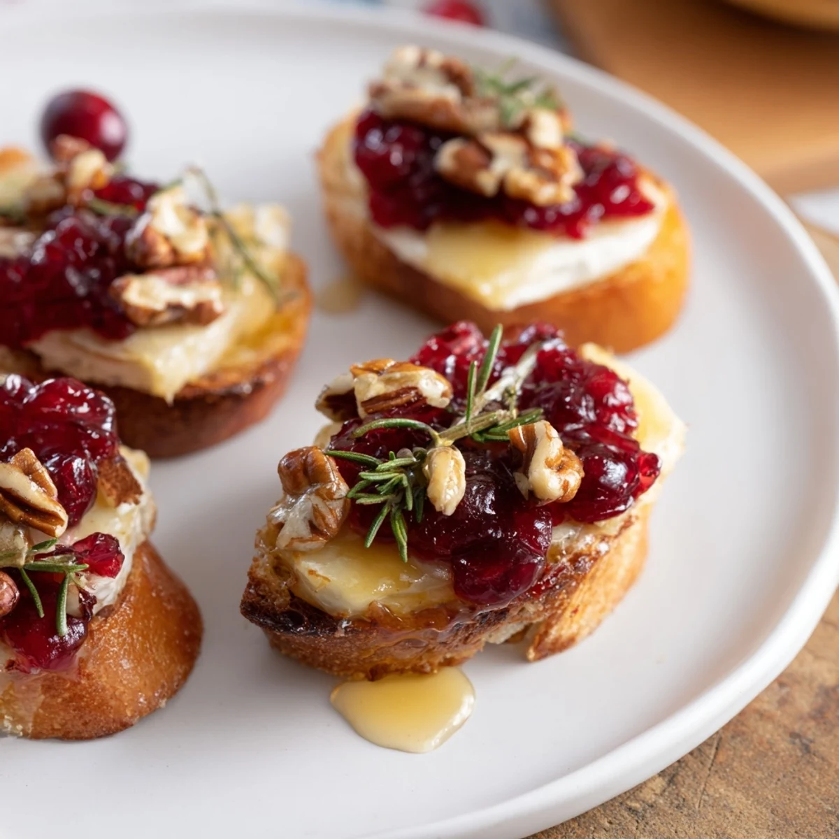 A close-up shot of the elegant Quick Cranberry Brie Crostini appetizer, ready to enjoy with a glass of wine.