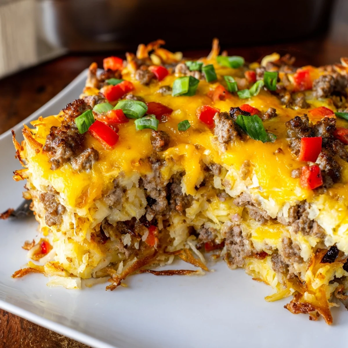 Golden-brown Quick Christmas Morning Hash Brown Bake, bubbling with melted cheddar and savory sausage.