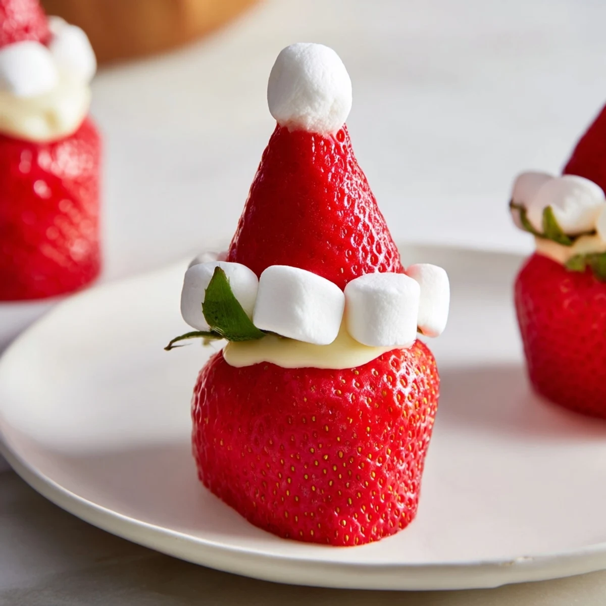 Bright red air fryer Santa hat strawberries, a festive holiday treat with creamy cheesecake filling and marshmallow tops.