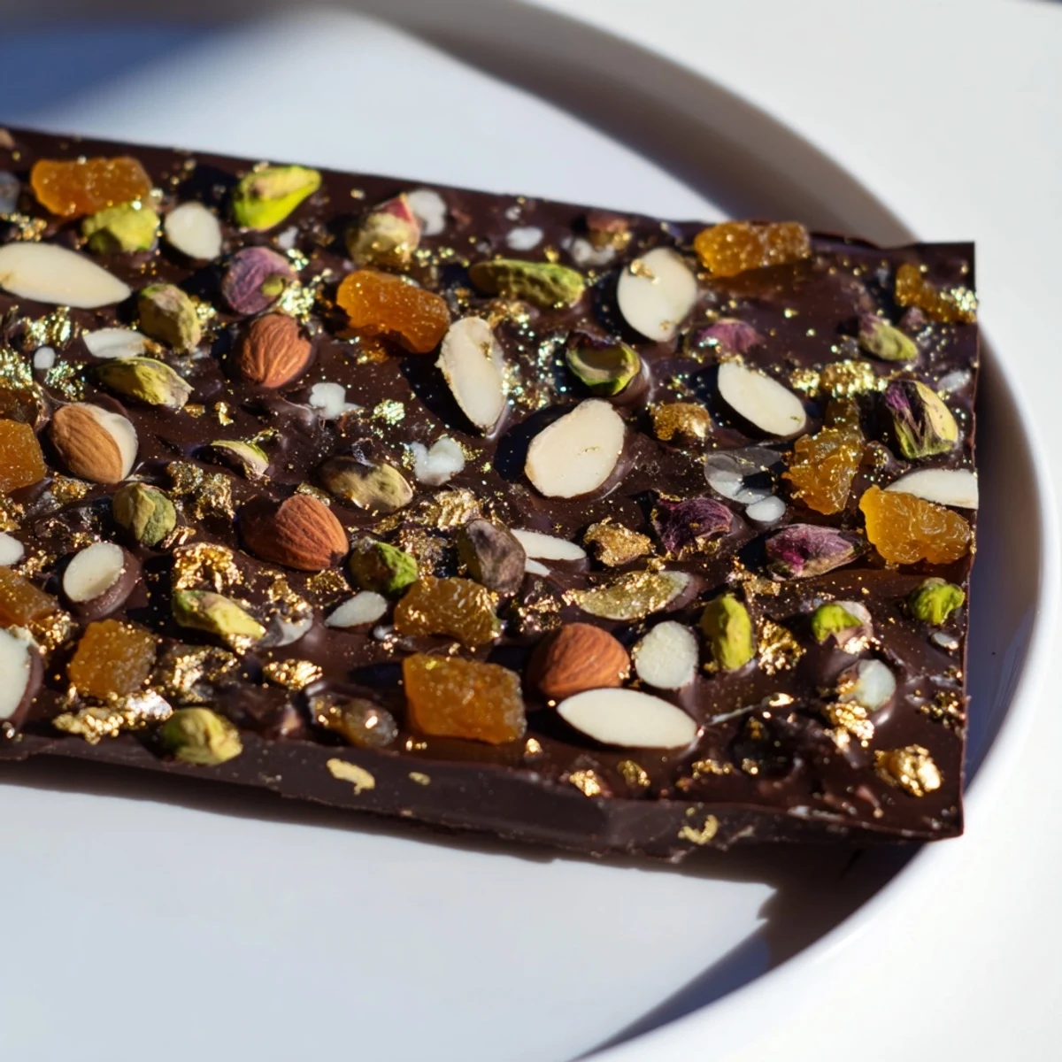 A beautiful close-up of Simplified Dubai Chocolate Bark, studded with nuts and dried fruits, ready to eat.
