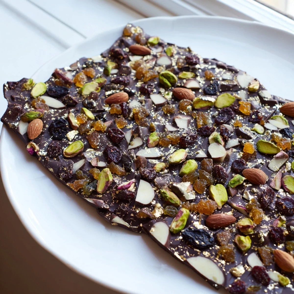 Homemade Simplified Dubai Chocolate Bark, a stunning dessert, shows off its colorful mixed nuts and spices.