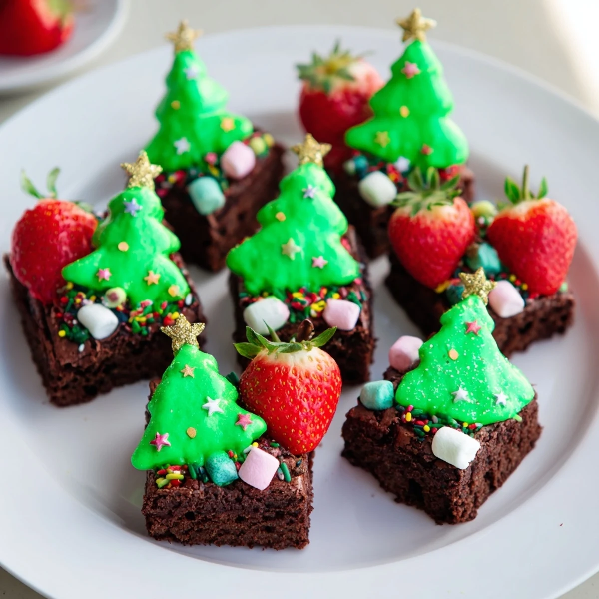 Fudgy Express Christmas Tree Brownie Hats, festive holiday treats with bright green frosting and colorful sprinkles.