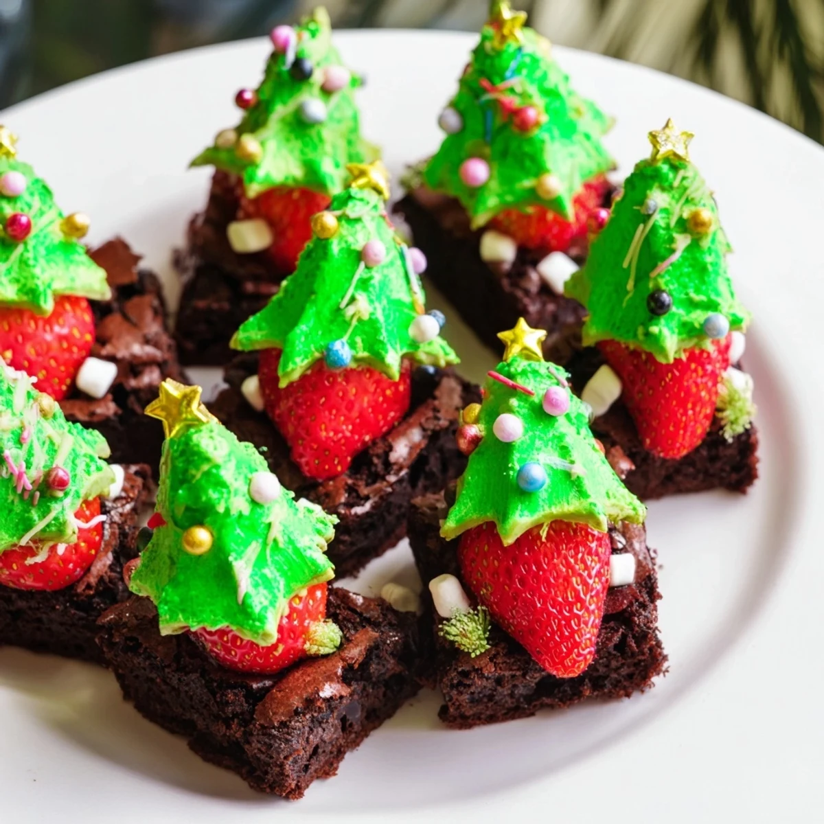 Imagine the adorable Express Christmas Tree Brownie Hats: chocolatey brownie "bases", strawberry trees, and shimmering sprinkles.