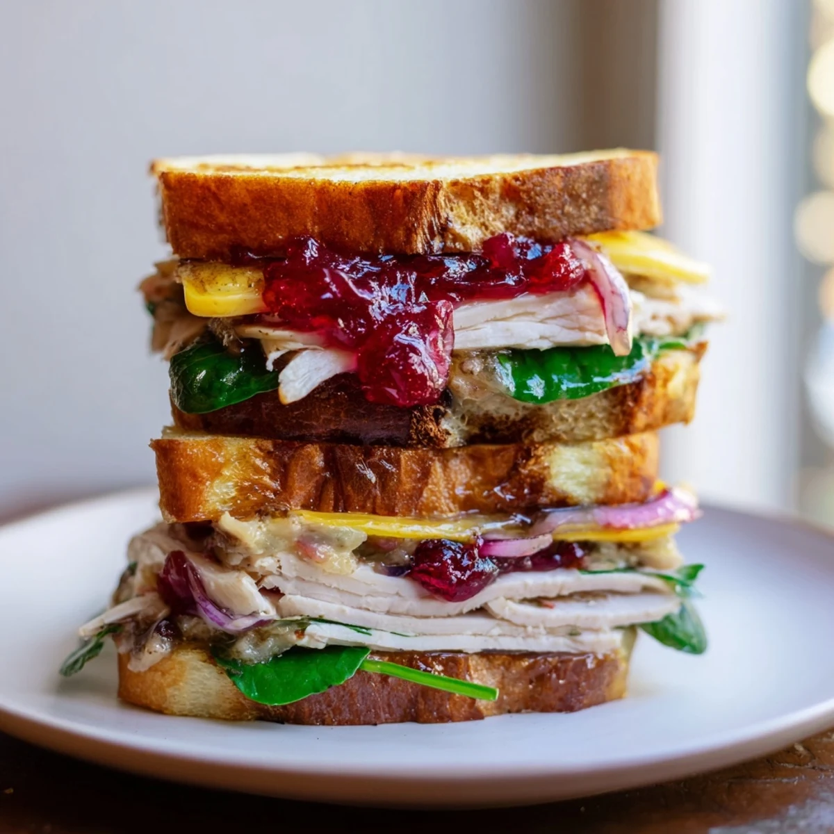 Golden-brown Budget Christmas Sandwich on Brioche with layers of savory turkey and cranberry sauce, ready to enjoy.