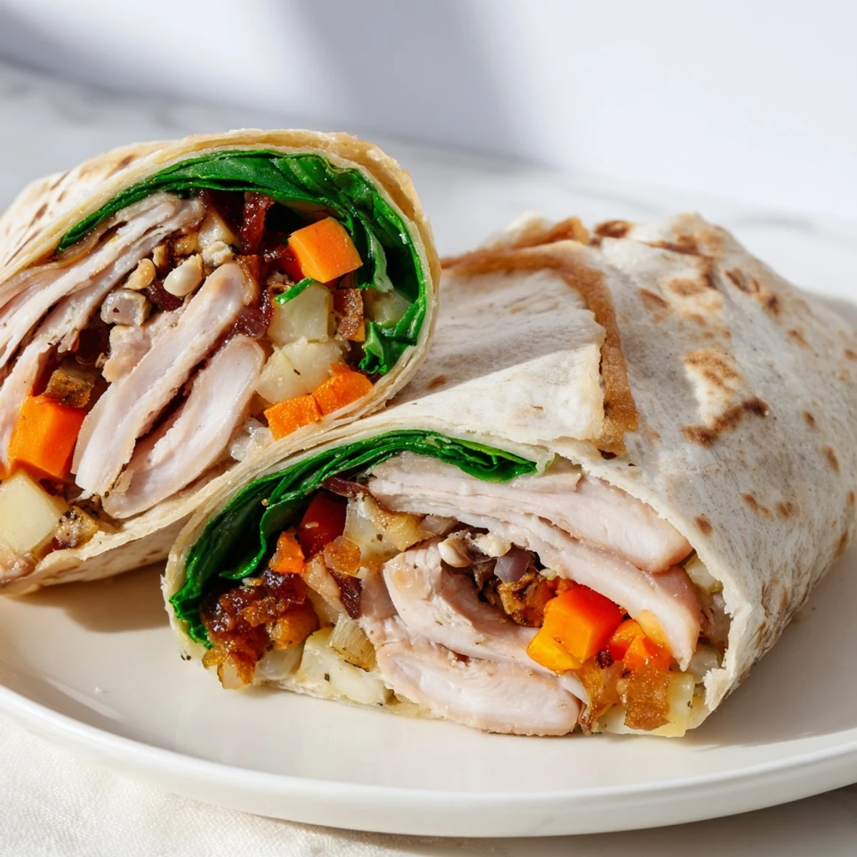 A close-up of a Simple Christmas Leftover Wrap Hack, with warm fillings ready to eat.