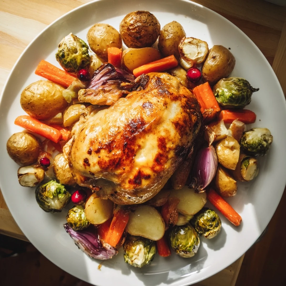 Sheet pan chicken with cranberry vinaigrette, featuring golden roasted chicken and colorful vegetables, ready to serve.